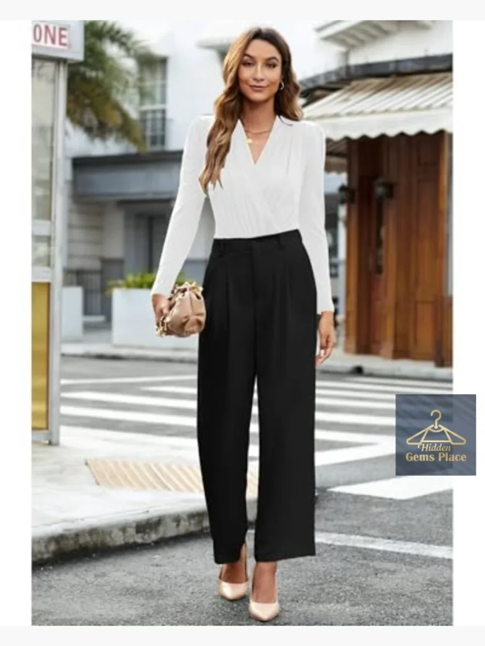 High Waisted Wide Leg Work Pants Polyester Stretch Business Casual - Picture 4 of 7
